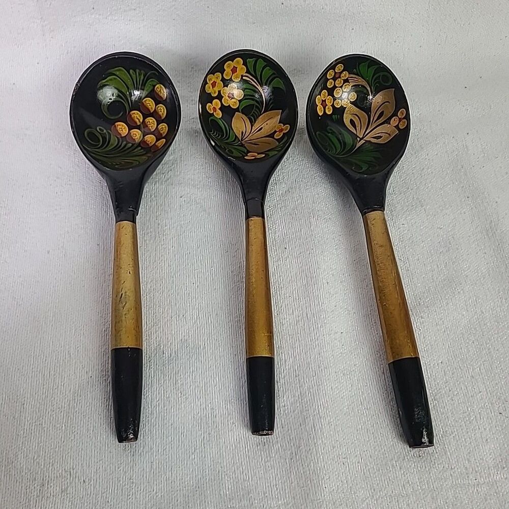 Russian Khokhloma Hand Painted Wooden Spoons Berry Set of 3 Vtg